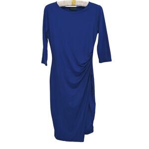 VERSE Womens Ruched Midi Cocktail Dress S Navy Blue Career Stretch Modern Event